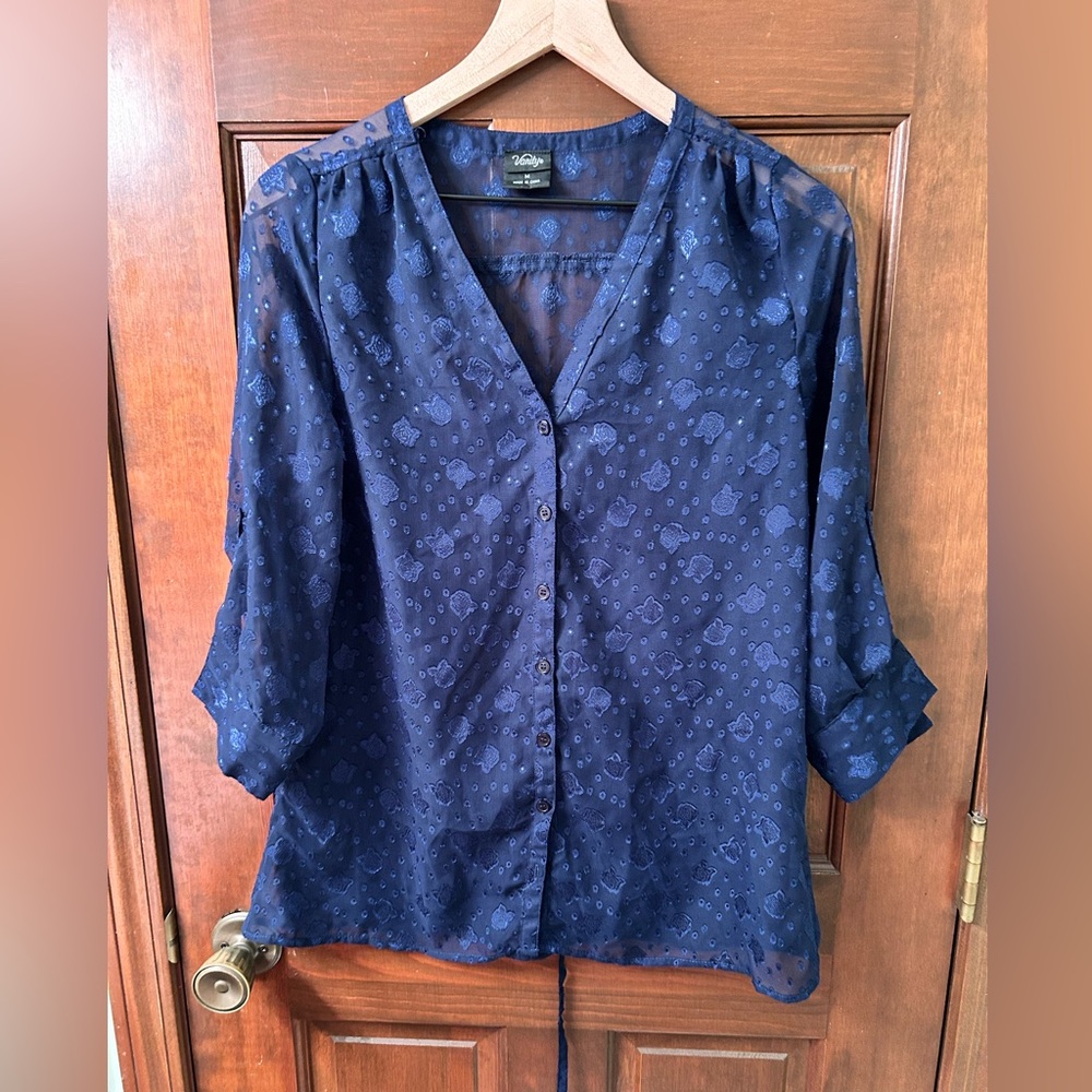 Vanity Blue Buttoned Floral Sheer Blouse with back tie. Size M